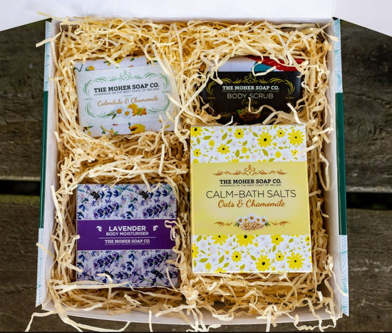 Moher Soap Co gift set, handmade in Clare, Ireland. Sold by Nomad Girl Beauty. Soap, bath salts, body lotion bar.
